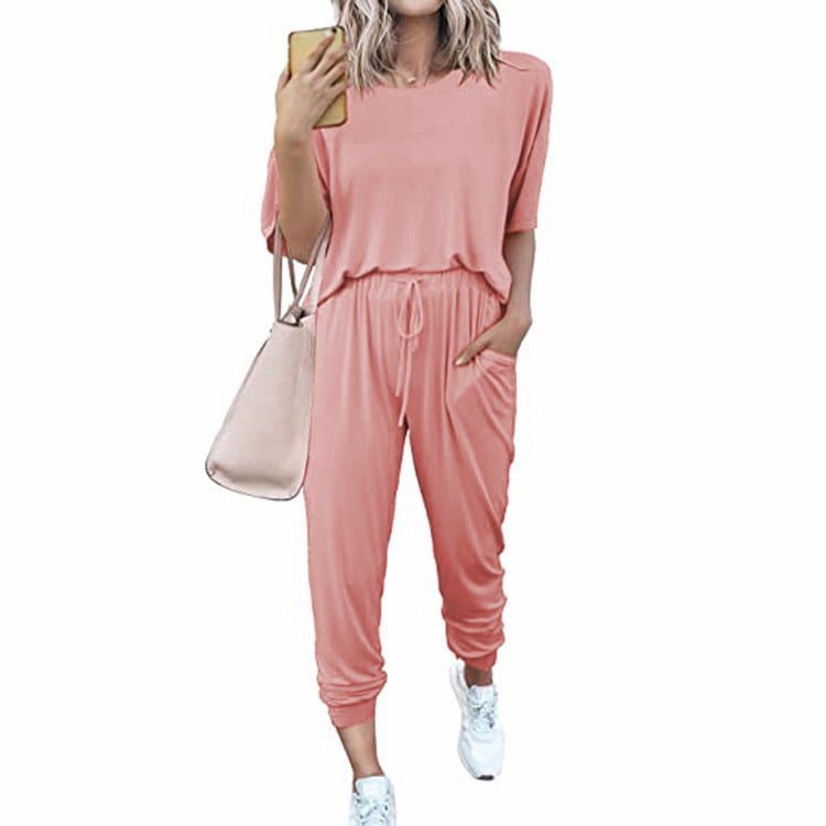 Irevial 2 Piece Track Suit Sets for woman Fashion lounge wear Short Sleeve Sweatshirt Tops and Drawstring Baggy Jogger Pant with Pockets Outfits Sets