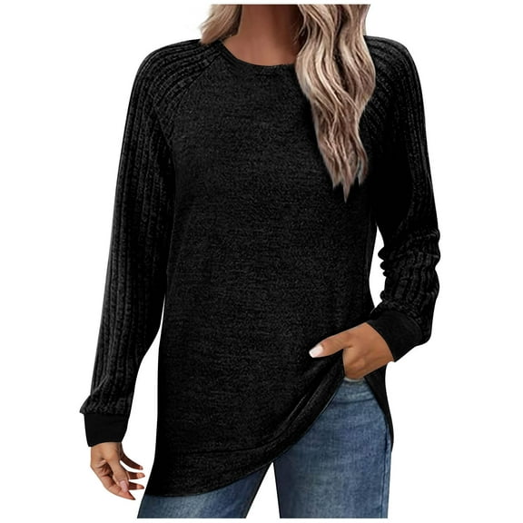 Scyoekwg Tunic Tops for Women to Wear With Leggings Brushed Knit Tunic Sweatshirts Raglan Sleeve Crewneck Pullover Tops Color-blocked Casual Long Sleeve Blouse Pullover (Black,XXL)