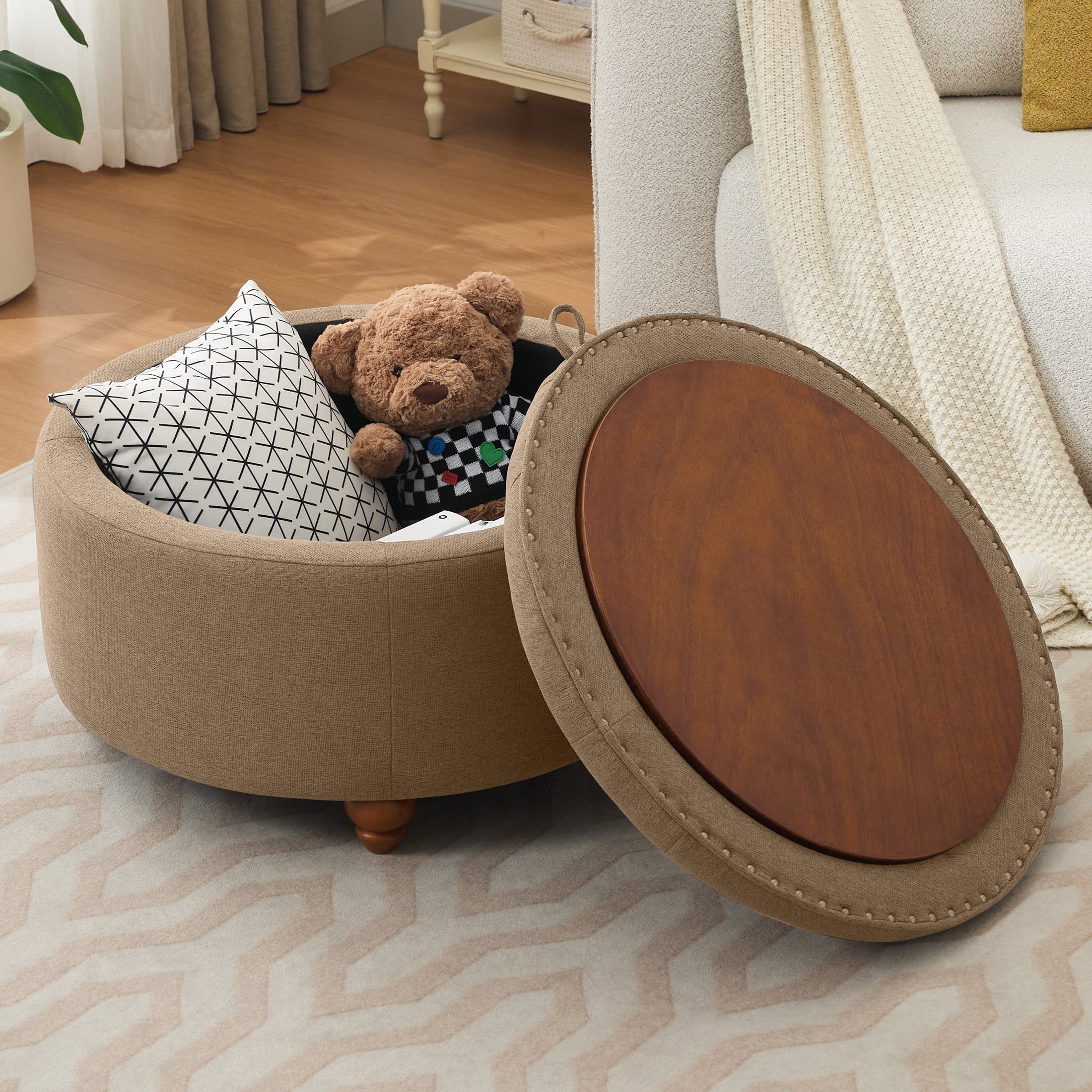 30Inch Round Storage Ottoman with Tray, Modern Tufted Fabric Circle Coffee Table with Storage, Upholstered Ottoman with Removable Top for Living Room, Bedroom, Brown