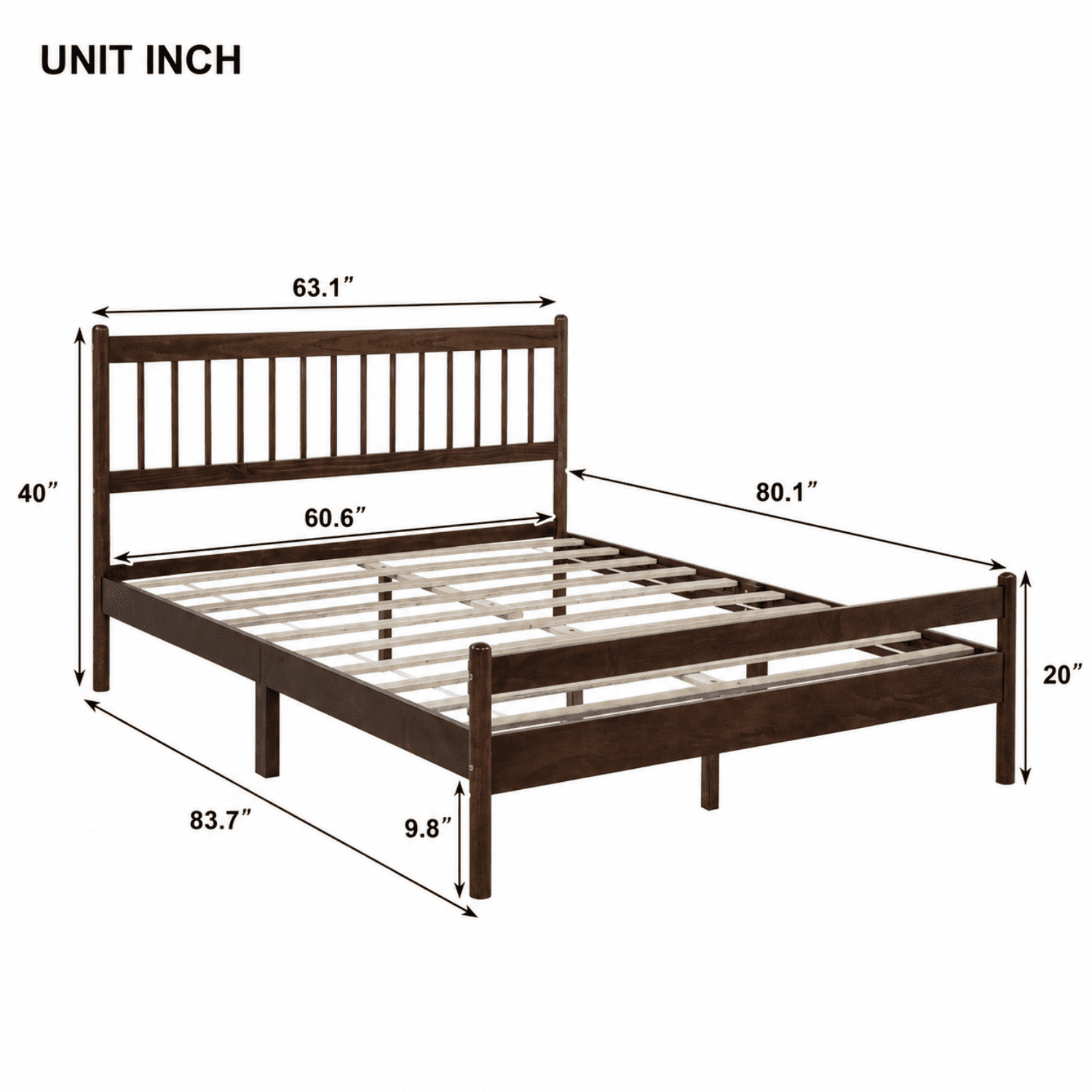Miniyam Queen Pine Wood Platform Bed Frame with Spindle Headboard, 9.8" Underbed Storage, Walnut