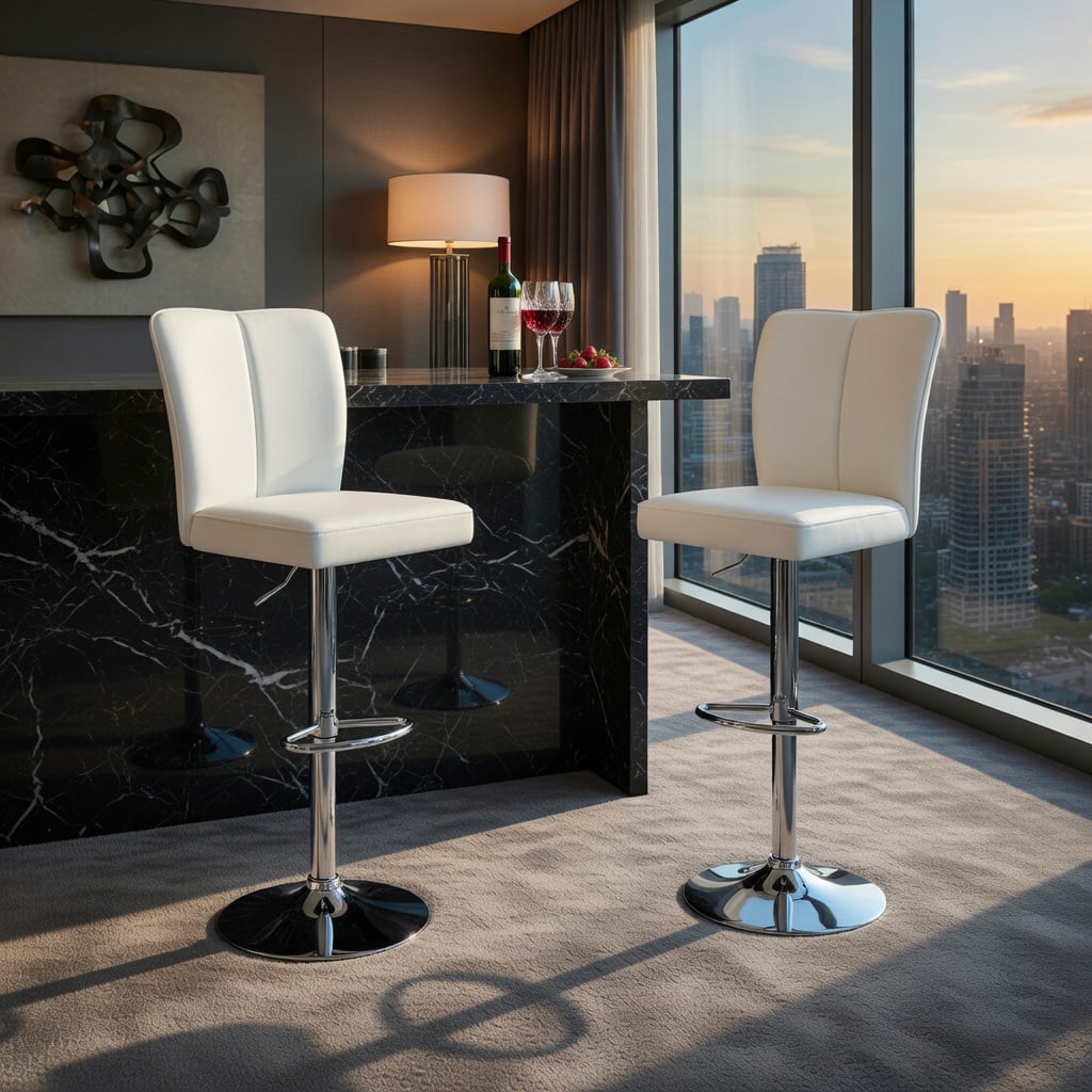 Hommoo Modern PU Leather Bar Stools Set of 2 with Adjustable Height, 360° Swivel & Trumpet Silver Metal Legs, Contemporary Kitchen, Bar & Lounge Seating, White