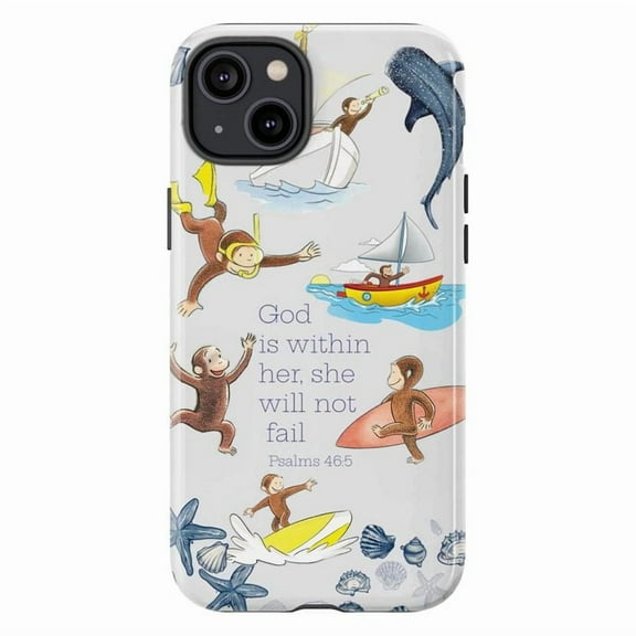 Underwater Curious Monkey Adventure Christian Phone Case, Bible Verse Psalms 46:5 Scripture Ocean Design Cover for iPhone 16 15 14 13 12 11 Pro Max Plus Mini
