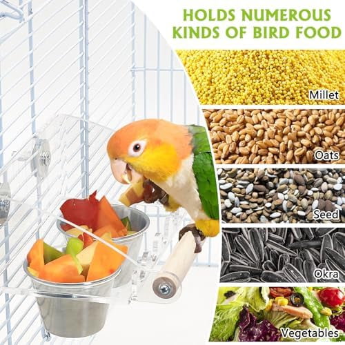 Bird Feeder for Cage with Double Stainless Steel Food & Water Bowls Anti-Slip Wood Perch Stand with No Mess Acrylic Seed Catcher for Parrot, Budgie, Parakeet, Lovebird, Canary, Finch,Conure
