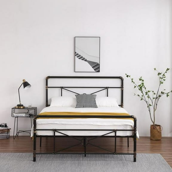 Single-Layer Water Pipe Bed with Cross Design and Foot End Black Iron Bed Full Size with Headboard and Footboard , Metal Tube and Iron-Art Bed ,No Box Spring Needed and Easy Assembly