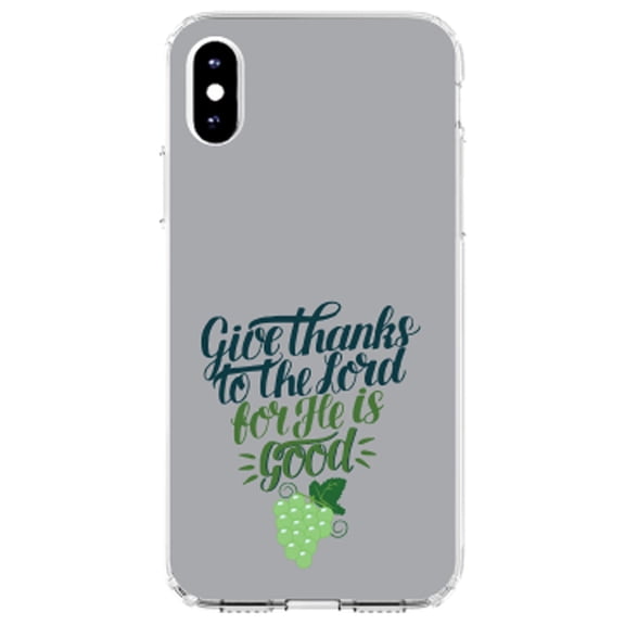 DistinctInk Clear Shockproof Hybrid Case for iPhone XS Max (6.5" Screen) - TPU Bumper, Acrylic Back, Tempered Glass Screen Protector - Give Thanks to the Lord For He Is Good - Grapes