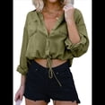thumbnail image 3 of Camisa Vaquera Corta para Mujer, con Mangas 3/4 Enrolladas, Informal, Holgada, con Cordón Ajustable en el Dobladillo y Botones Delanteros. Color Oliva L, 3 of 9