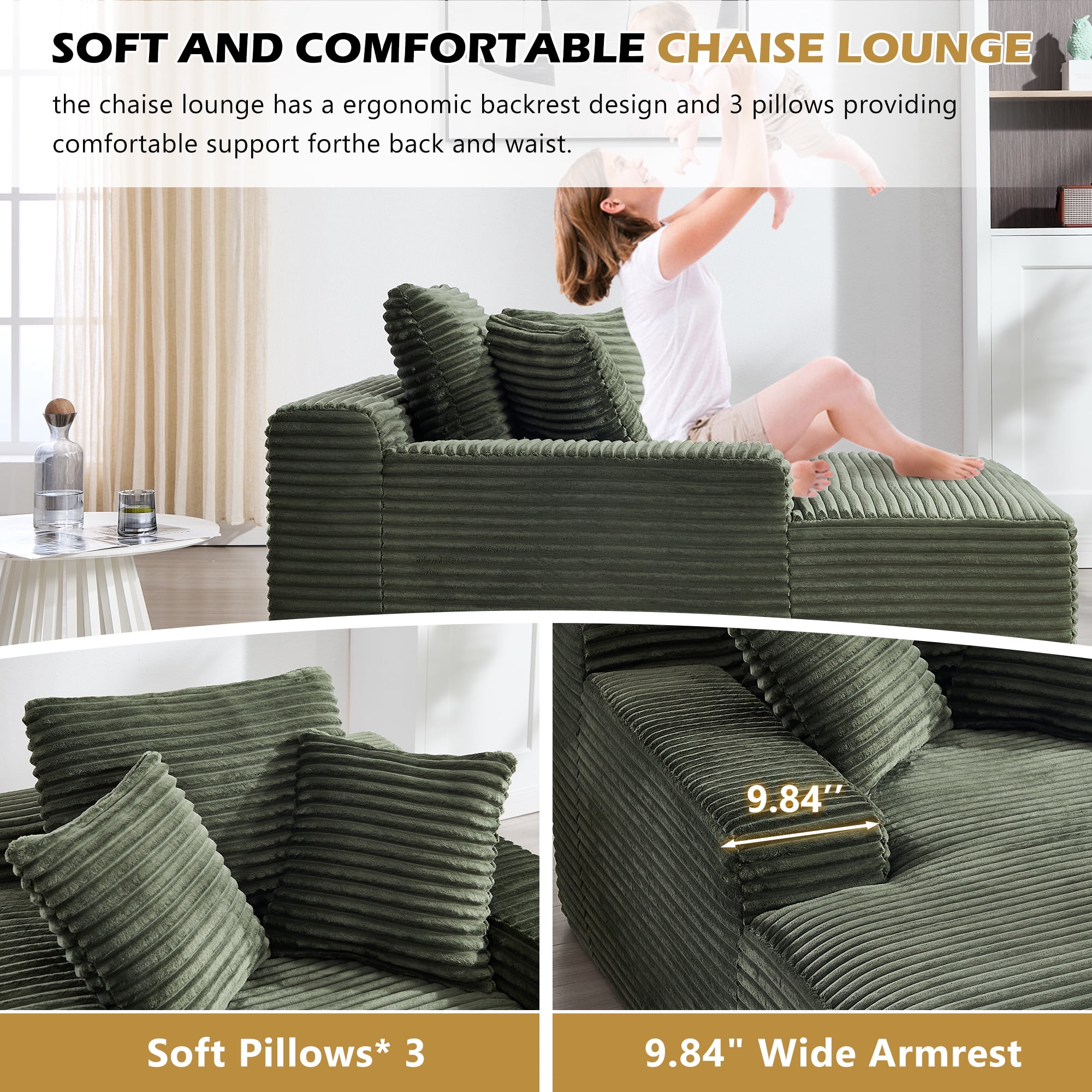 Gewnee Oversized Corduroy Sofa Bed, No Assembly Required, Sturdy & Durable, Equipped with 3 Soft Pillows, Ideal for Living Room，Green