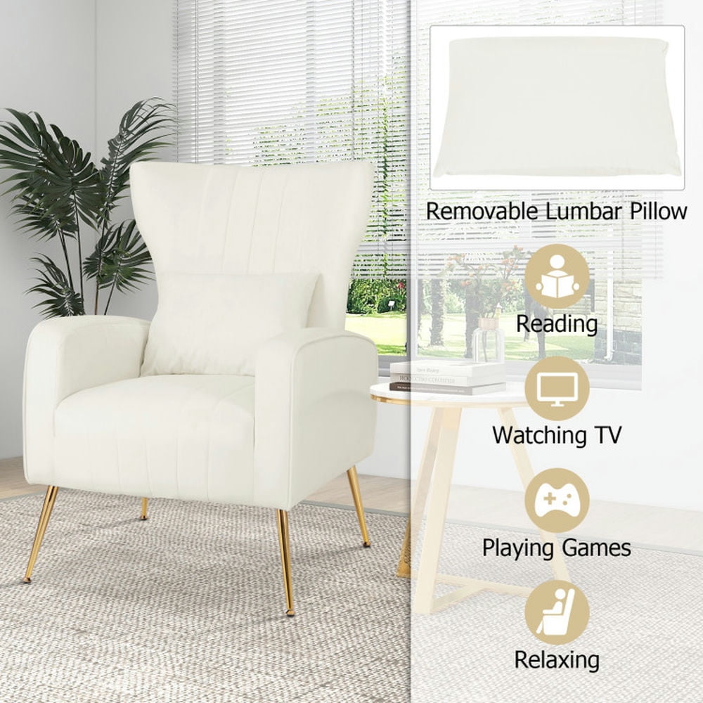 Finihen Accent Chair, Wingback Accent Armchair, Modern Accent Chair, Velvet Upholstered Wingback Chair with Lumbar Pillow and Golden Metal Legs, for Living Room, Bedroom, White Finihen Accent Chair, Wingback Accent Armchair, Modern Accent Chair, Velvet Upholstered Wingback Chair with Lumbar Pillow and Golden Metal Legs, for Living Room, Bedroom, White