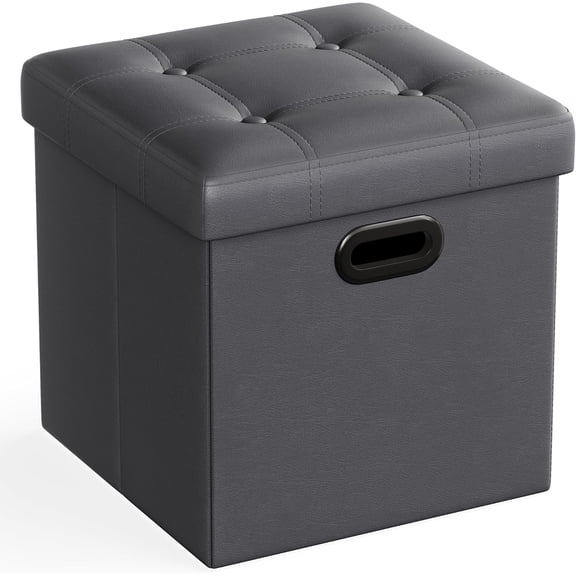 SONGMICS Mazie Collection - 15 Inches Ottoman with Storage, Footstool, Storage Metal Grommet Handles, Load 660 lb, for Dorm, Living Room, Bedroom, Synthetic Leather, Dark Gray ULSF030G01