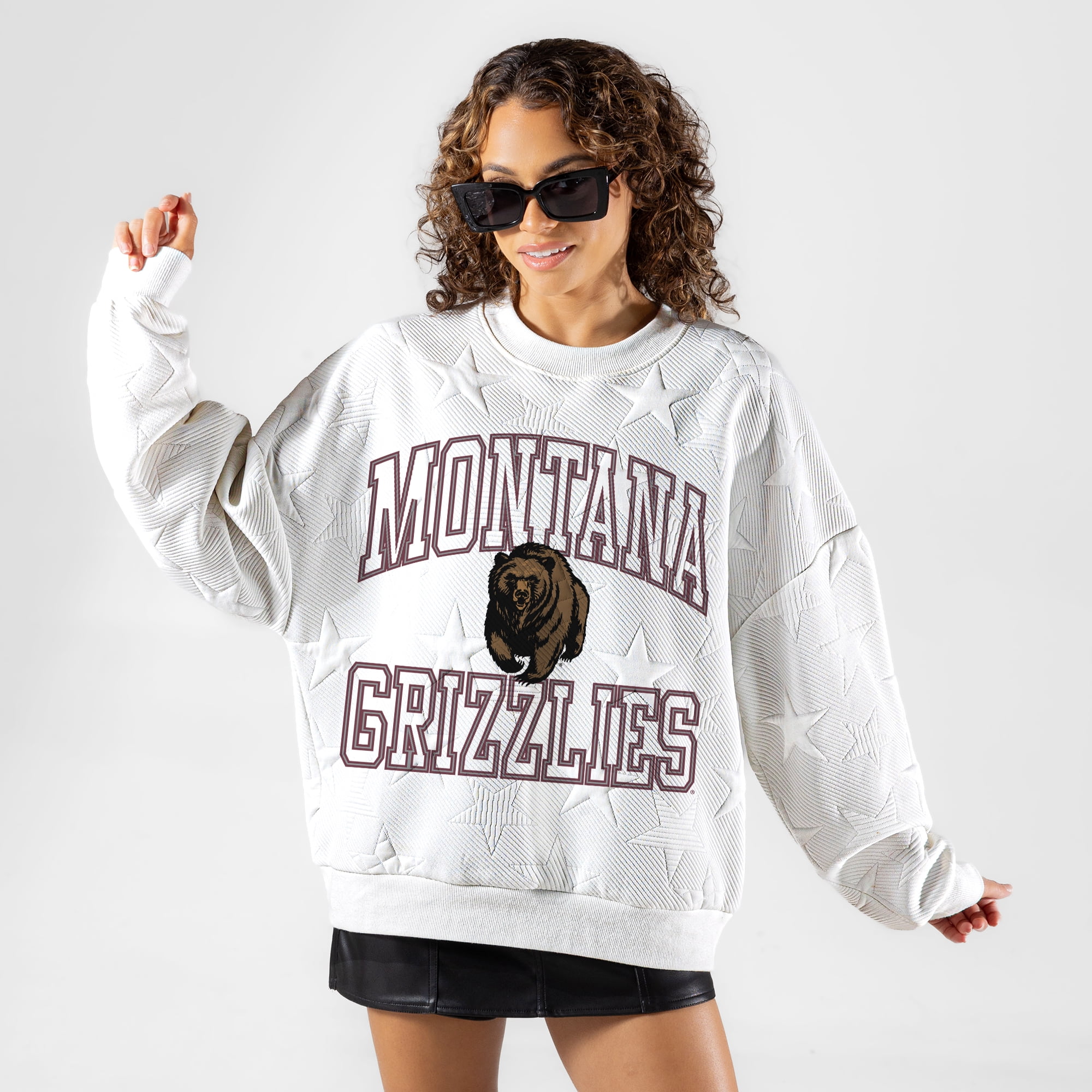 Women's Gameday Couture White Montana Grizzlies Big Play Energy Tonal Star Embossed Sweatshirt