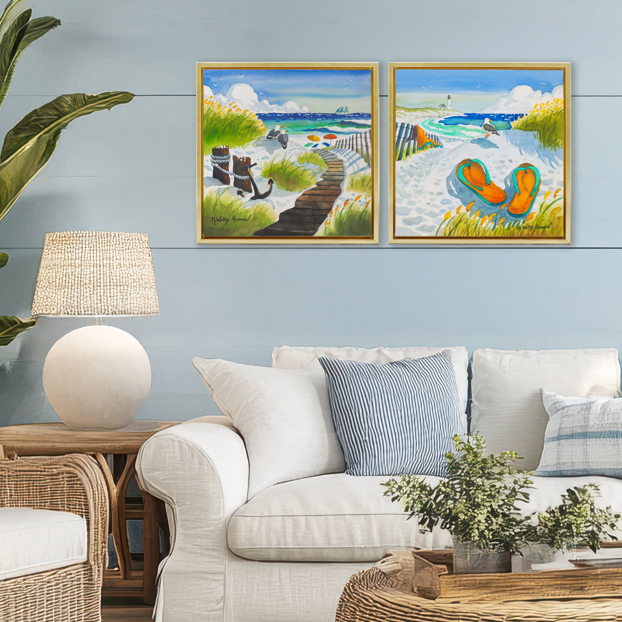 Stupell Industries Boardwalk Through Beach Scenery 2 Piece Gold Framed Floater Canvas Set, design by Robin Altman