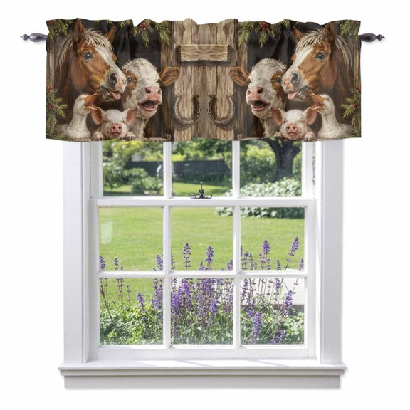 Farm Rustic Barn Valances for Windows,Kitchen Valance Rod Pocket Short Curtain, Pine Branches Winter Berry Valance Curtain Window Valances for Bedroom Bathroom Living Room