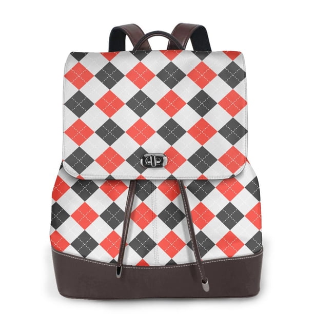 Balery Red and black argyle Mochila de Cuero para Mujeres, Gran Capacidad, Bolsa de Viaje Multifuncional, Mochila de Cuero y Bolsa de Hombro para Mujeres