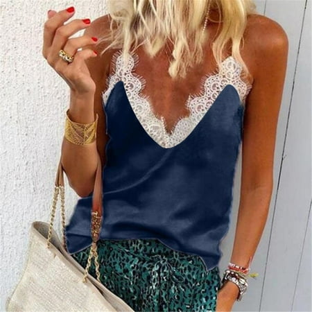 

lystmrge Apparel Bra Satin Top Women Silk Top Women Sexy V-Neck Lace Up Patchwork Sleeveless Tank Camis Tops Blouse