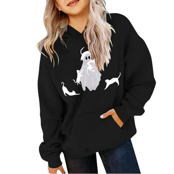 KAUOD Teen Girls Pullover Hoodies Ghost Graphic Oversized Cotton Hoodie Sweatshirts Youth Long Sleeve Fleece Tops Clothes