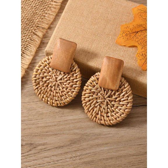 Rattan B Handwoven Round Wooden Clip-On Earrings For Women,Rattan B,Bohemian