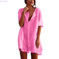 thumbnail image 2 of Kureaily Women Oversized Short Sleeve Button Down Shirt Dress, Loose Collared Linen Swim Cover Up Mini Tunic Dress Summer Casual Beach Vacation Outfit (Pink,3X-Large), 2 of 6