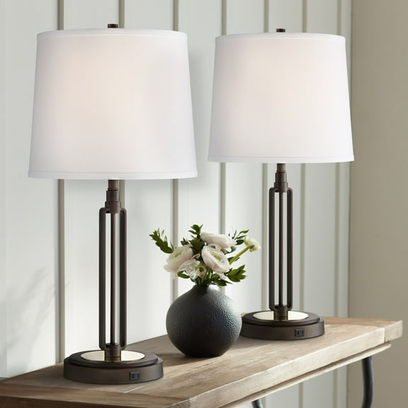 Franklin Iron Works Javier 24 1/2" High Mid Century Modern Table Lamps Set of 2 USB Port Brown Bronze Finish Metal Charging