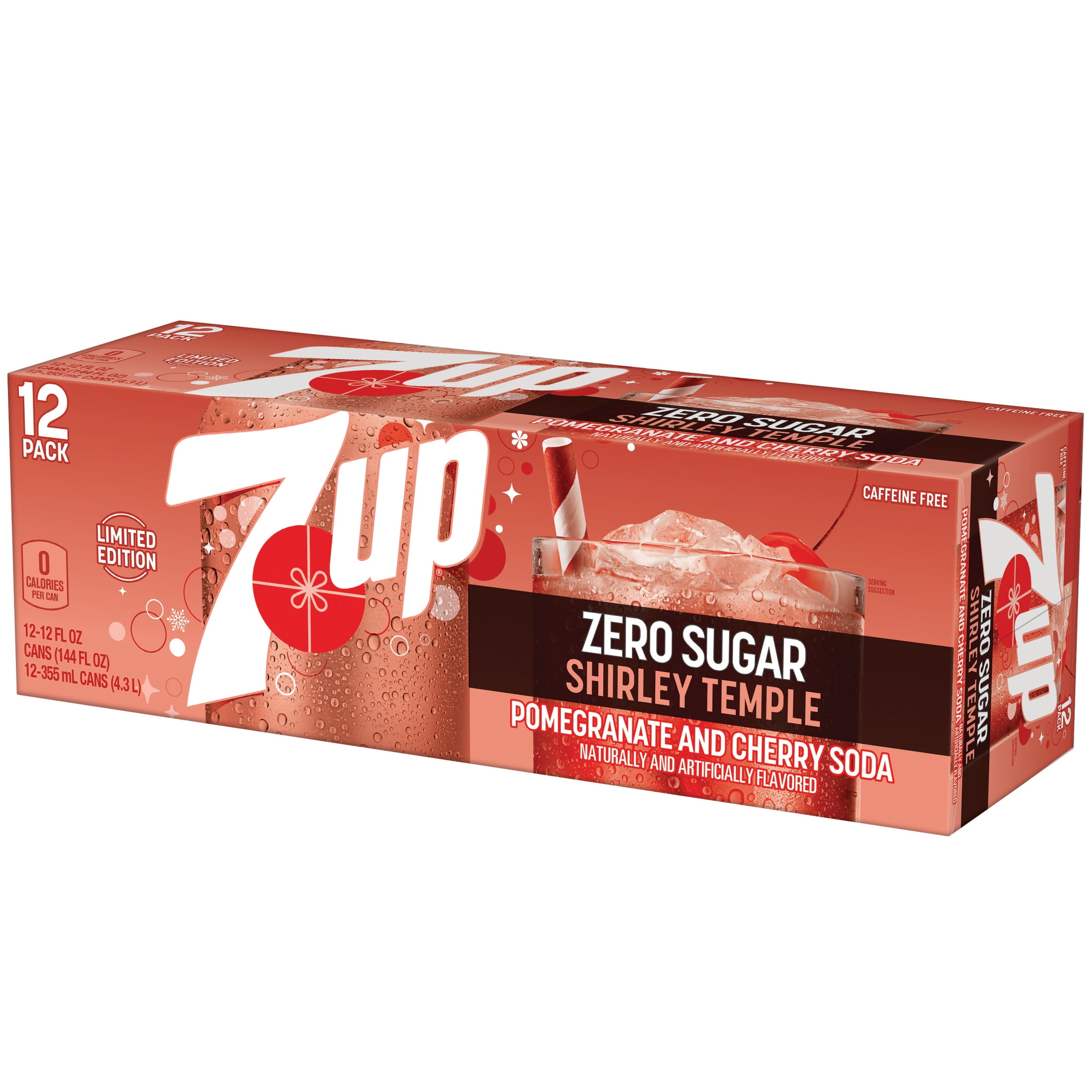 7UP Caffeine Free Shirley Temple Pomegranate and Cherry Flavored Zero Sugar Soda Pop, 12 fl oz cans, 12 pack