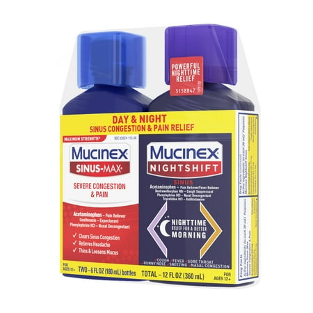 Mucinex Sinus-Max Severe Congestion & Pain & Nightshift Sinus Medicine, Headache Relief, 2x6 fl oz