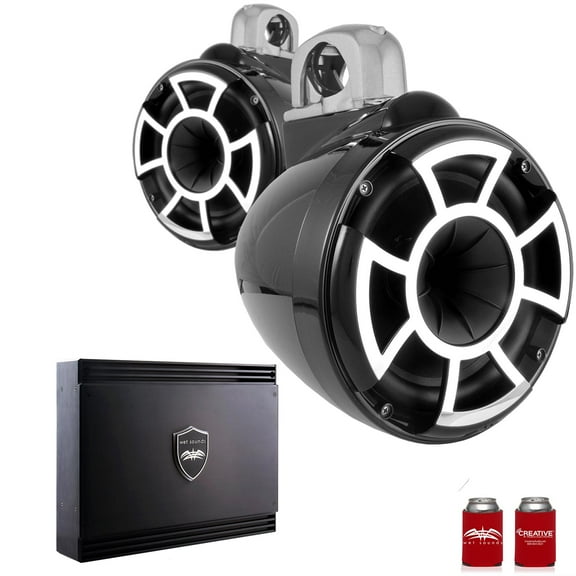 Wet Sounds REV8B-FC-SA 8" Black Tower Speakers with Silver Aluminum Fixed Clamps & SDX2 1250 Watt Amplifier