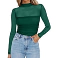 thumbnail image 2 of hlysgo Womens Mesh Sheer Long Sleeve Top Mock Turtle Neck Shirts Ruched Casual Going Out Blouses Green,M, 2 of 5