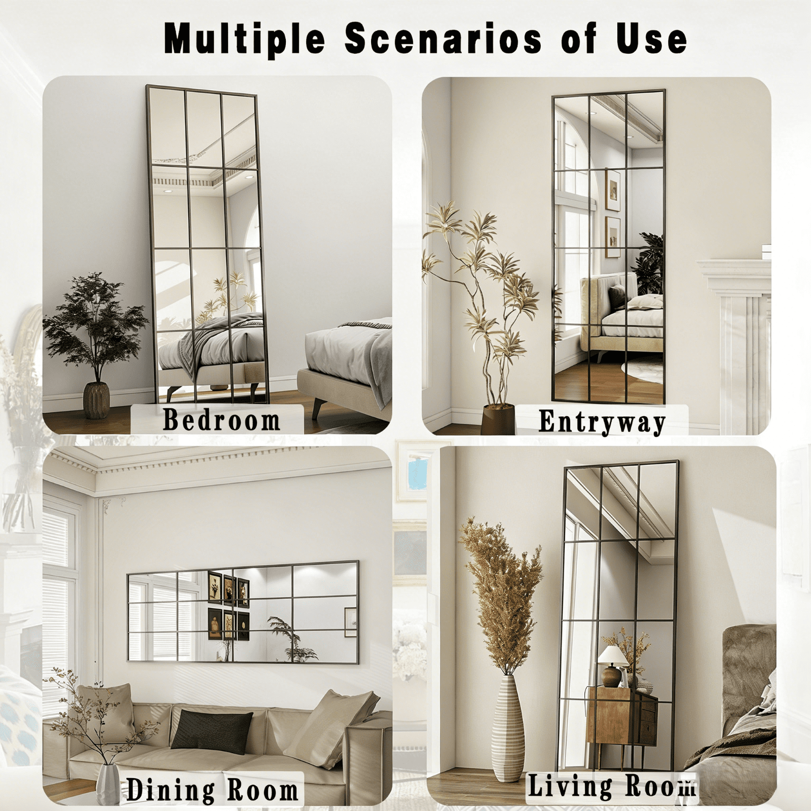 GRAHMCY 65"x25" Full Length Floor Mirror with Windowpane Rectangular Wall-Mounted Mirror, Black