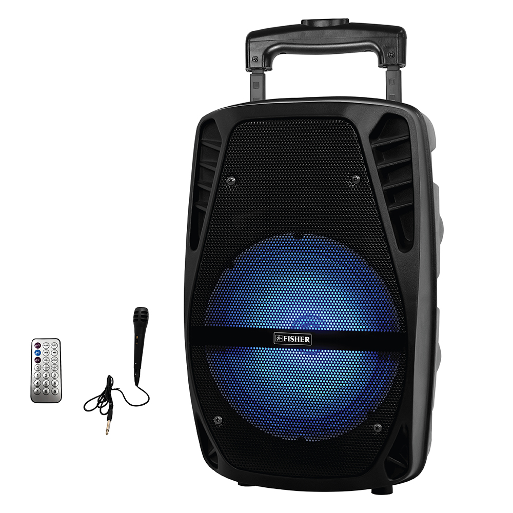 Fisher 8Inch Portable Speaker System with Wired Mic, Trolley Handle
