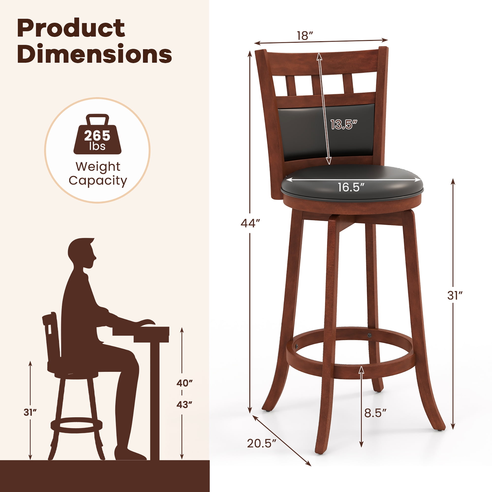 Gymax Wood Swivel Bar Stools Set of 4 w/ Faux Leather Upholstered Seat & Back