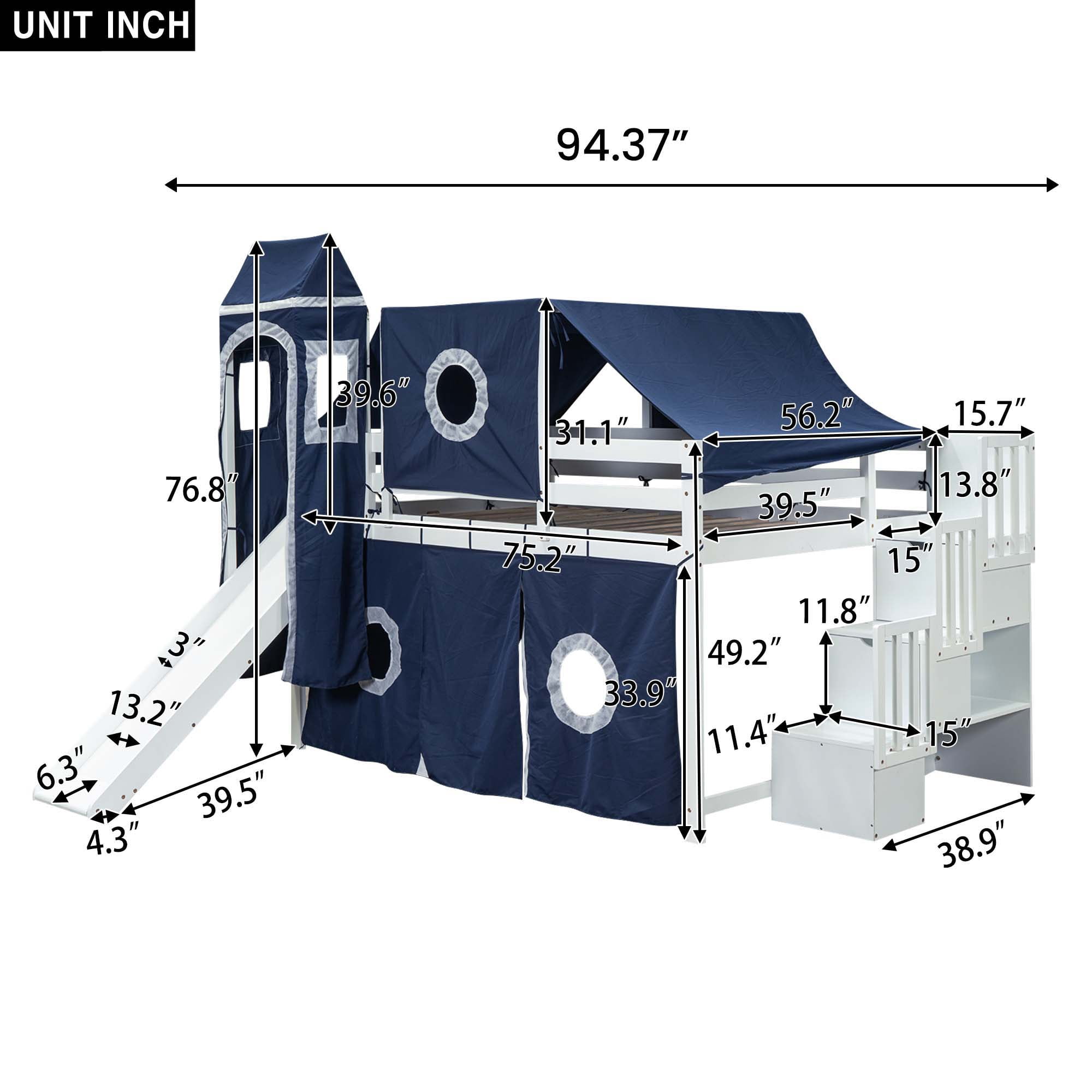 Aukfa Full Size Loft Bed with Slide - House Loft Castle Bed with Stairway Tent Tower for Kids - Navy