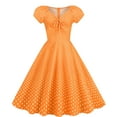 thumbnail image 2 of safuny Women's Tea Length A Line Prom Dress Polka Dot Spring Drawstring Swing Hem Holiday Retro Fashion Short Sleeve Autumn Dress V Neck Orange S, 2 of 7