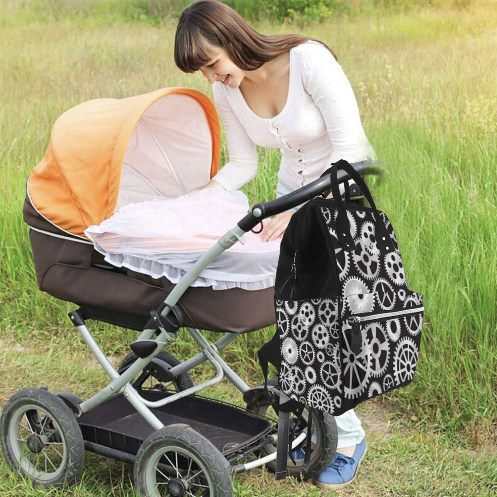Fuzoiu Metallic Gears Print Diaper Bag Backpack,Baby Essentials Travel Tote,Multi function Waterproof Diaper Bag, Travel Essentials Baby Bag - Unisex