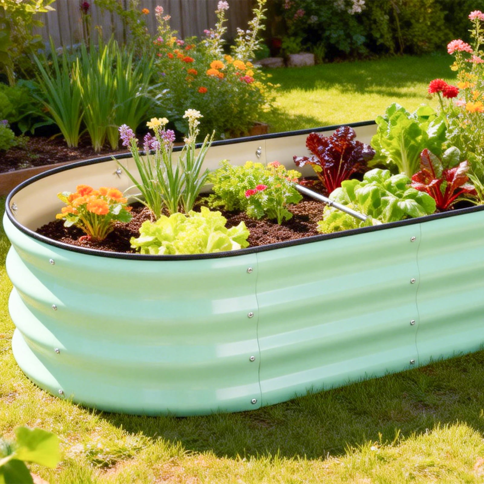 Oval Metal Raised Garden Bed – Corrugated Planter Box for Vegetables/Flowers, Durable & Easy Assembly, Outdoor Patio/Lawn Gardening Container (Mint Green)