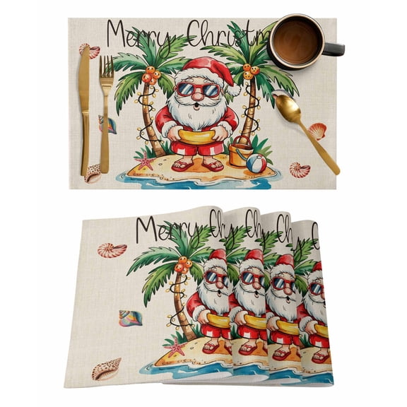 Merry Christmas Santa Claus Placemats Set of 12 Coconut Tree Shell Beach Retro Heat Insulation Washable Place Mats, Rustic Non-Slip Table Mats for Dining Table Party Kitchen Decor,13x19 Inch