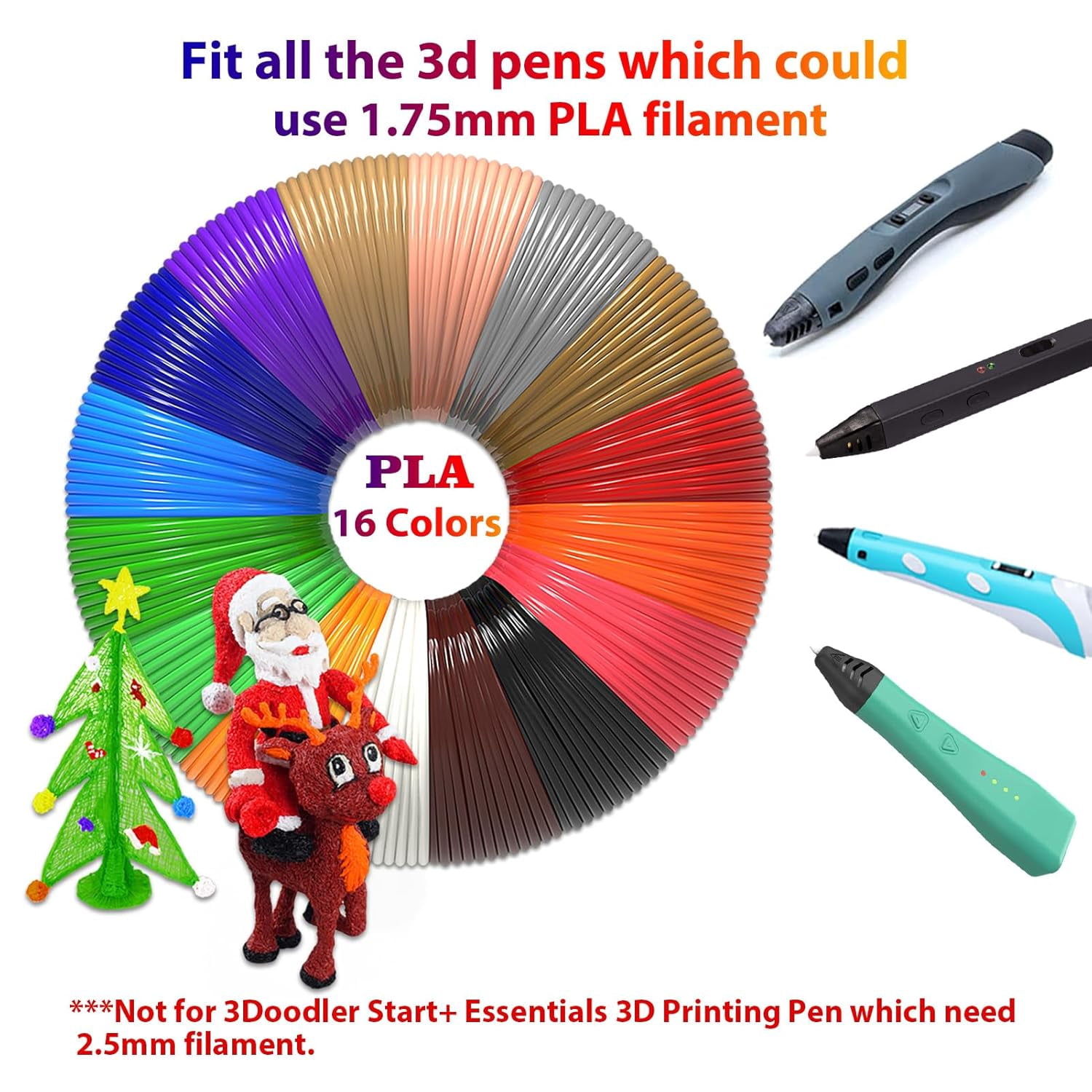3D Pen Refills 1.75mm PLA Filament 640 Feet 16 Colors, Each Color 40ft, Bonus 250 Stencils eBooks, 3D Pen Material