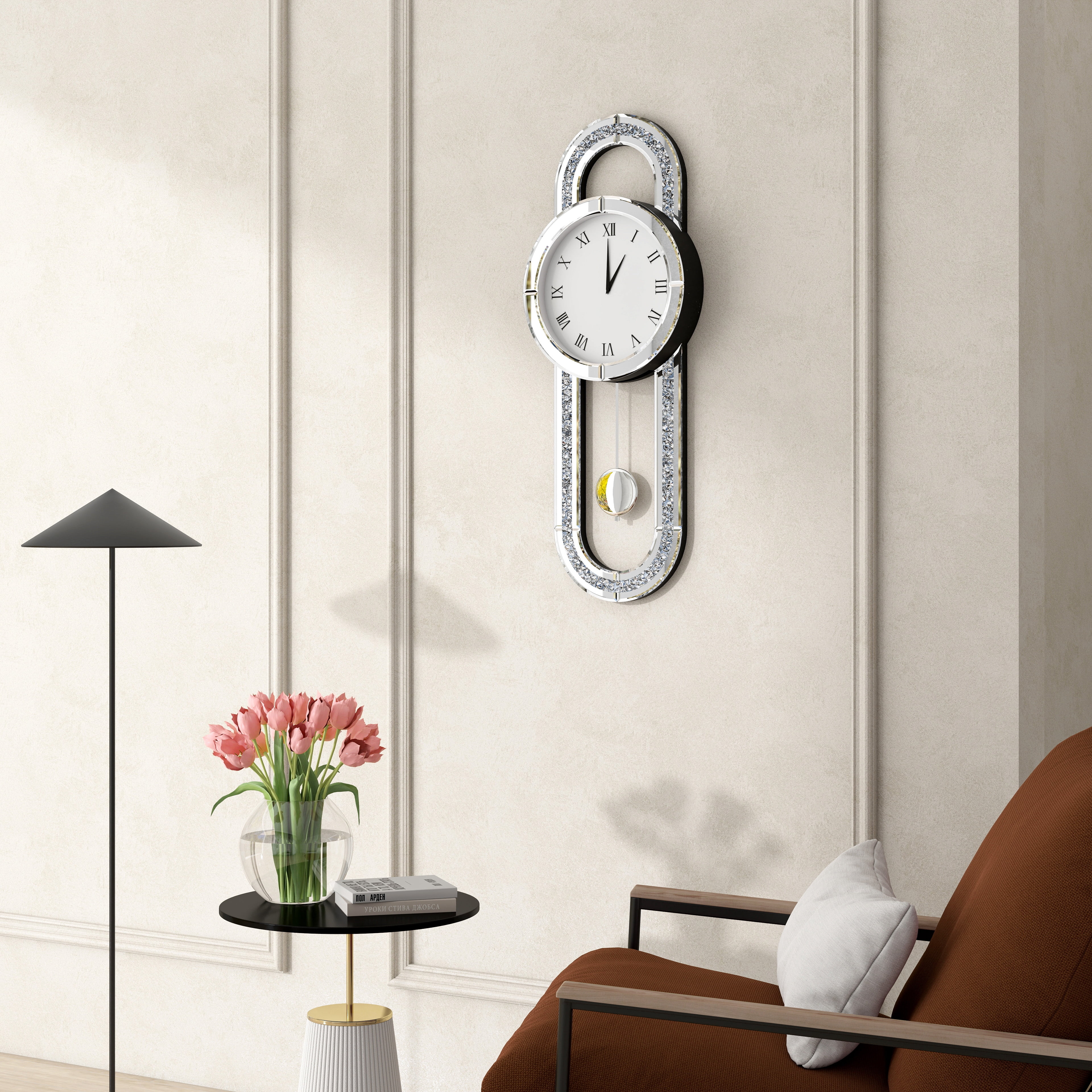 SHYFOY Oval Glass Wall Clock Crushed Diamond Inlay Oversized Clocks for Home Decor