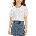 thumbnail image 2 of Odeerbi Camisa de Vestido de Algodón de Las Niñas Flor Bordado de Manga Corta Uniforme de La Escuela Con Bolsillo, 2 of 9