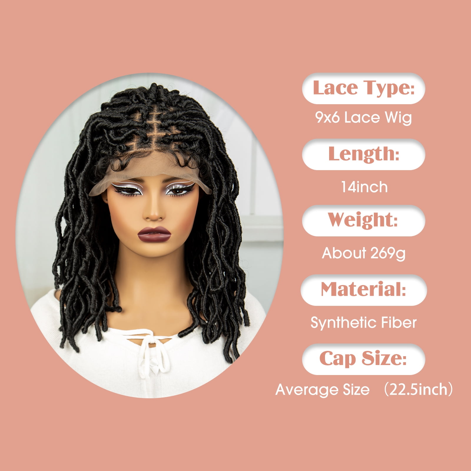 Locs Braided Wigs Synthetic Square Knotless Box Braids Wigs for Women 14 Inches Lace Frontal Lightweight Bob Dread lock Wig with Baby Hair (1B Color)