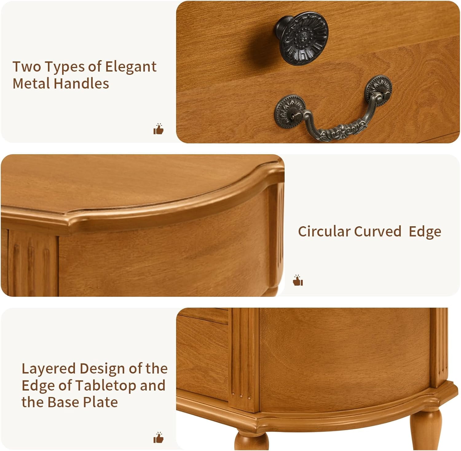 LKTART Retro Curved 43 Inch Half Moon 3 Drawers Open Shelf Solid Wood Console Table