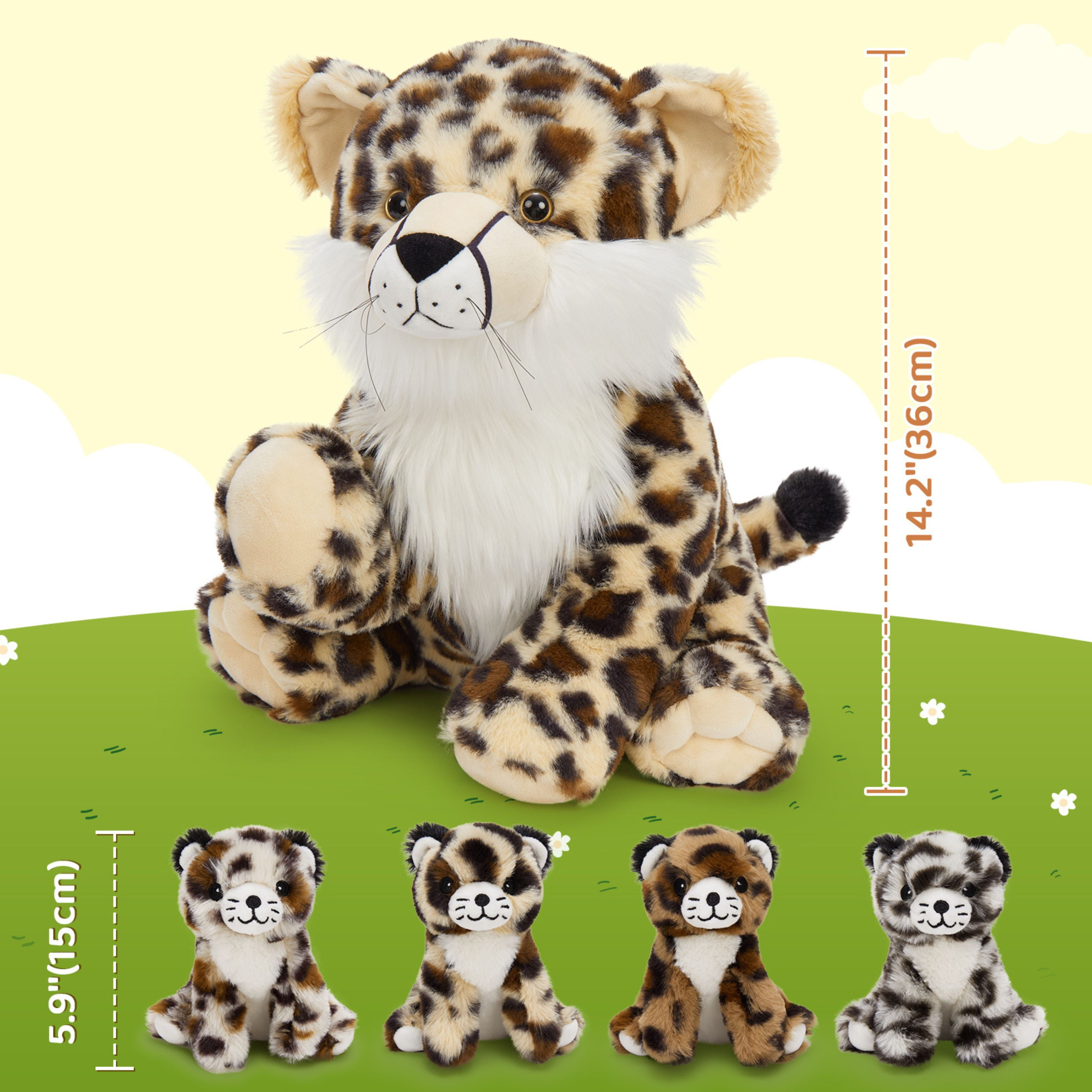 Muiteiur 5Pcs Cheetah Stuffed Animal 14.2'' Giant Cheetah Plush Toy With 4 Babies Inside