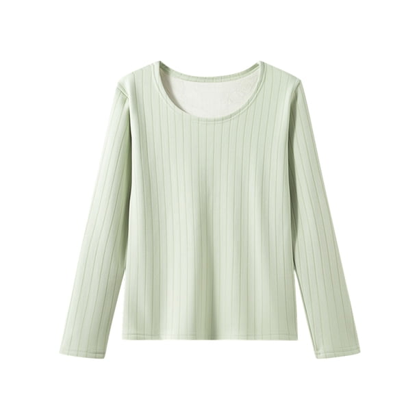Ropa interior térmica para mujer, color sólido, cuello redondo, terciopelo grueso, manga larga, ajustada, ropa interior cálida, pijama de poliéster para mujer