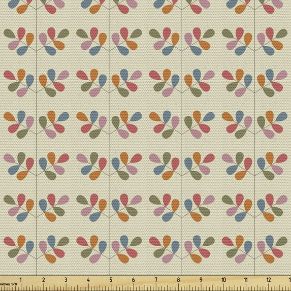 Botanical Fabric by the Yard, Colorful Leaves Pattern in Symmetrical Design Retro Floral Motifs, Decorative Upholstery Fabric for Sofas and Home Accents, Eggshell and Multicolor by Ambesonne