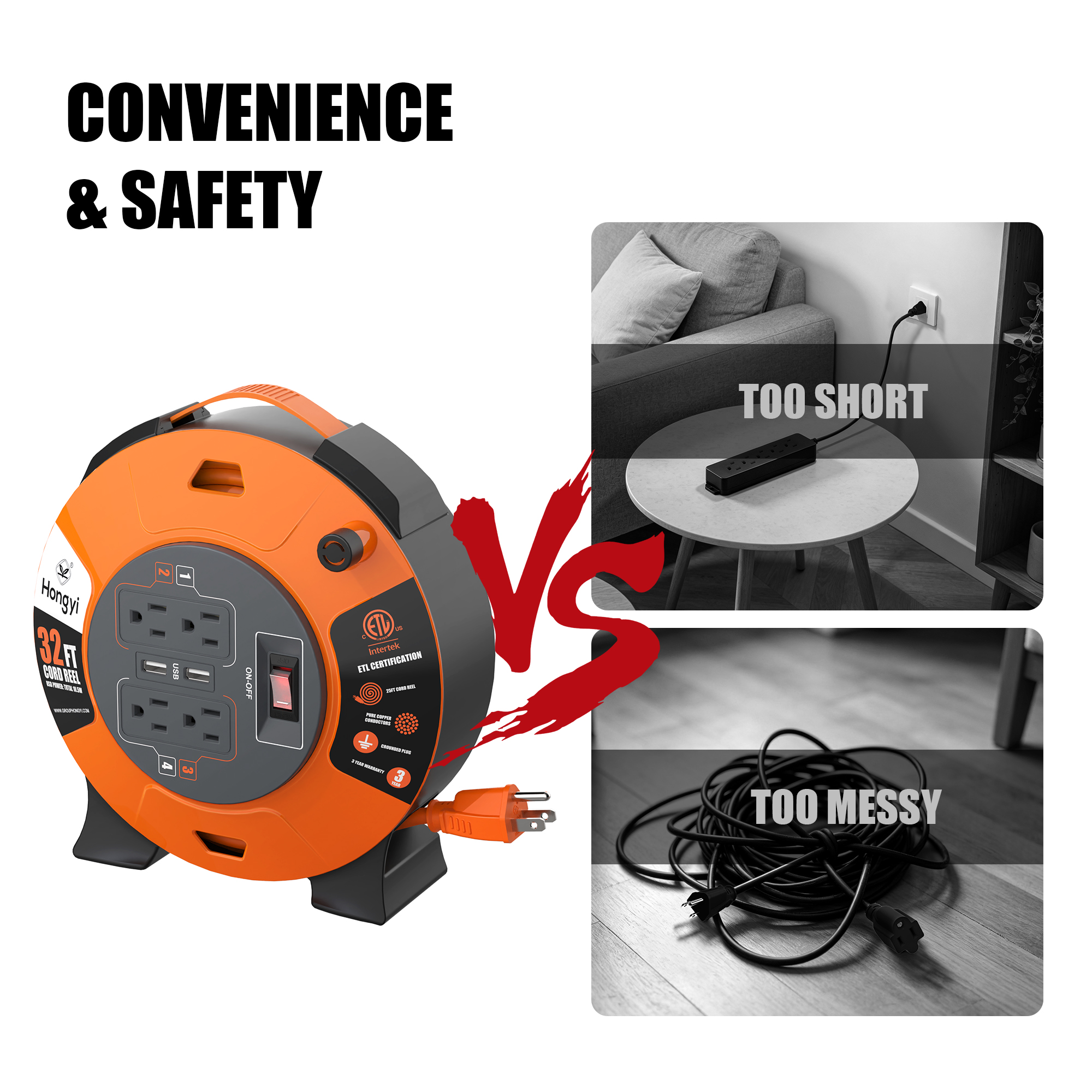 Hongyi 32-Foot Extension Cord Reel with USB Ports photo 4