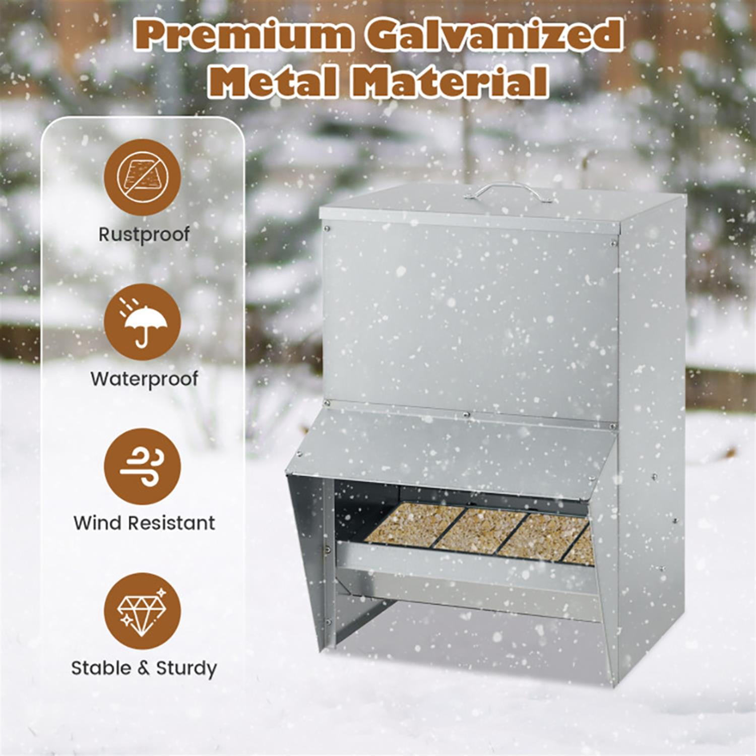 Kadyn Wall Galvanized Chicken Trough Feeder, Weatherproof Poultry Food Dispenser with Lid 50LB Capacity, Silver