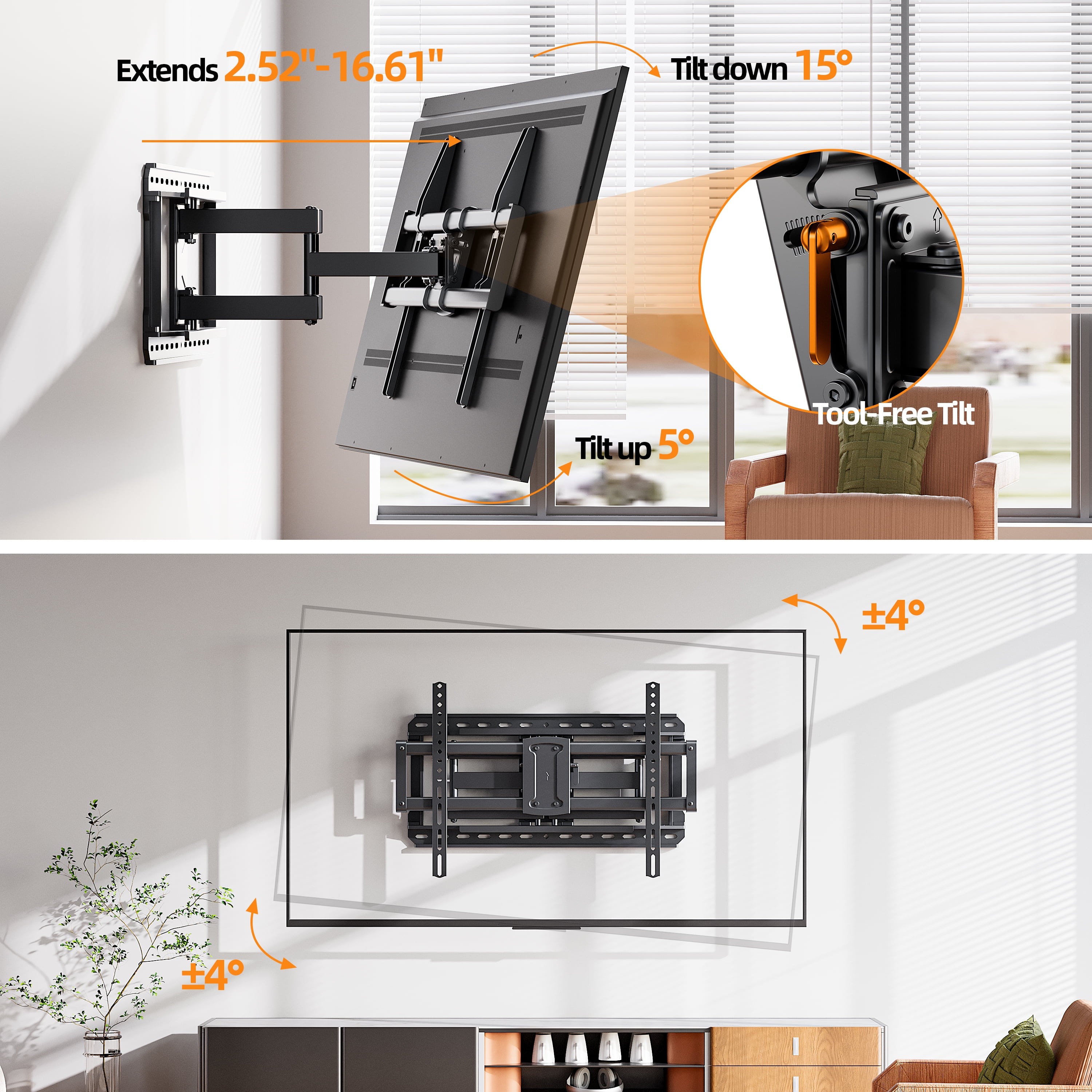 MountLiving Full Motion TV Wall Mount for 37-95" Screens, Pre-Assembled with Swivel & Tilt, Max VESA 600x400mm, 150 lbs Capacity, Fits 24" Wood Studs