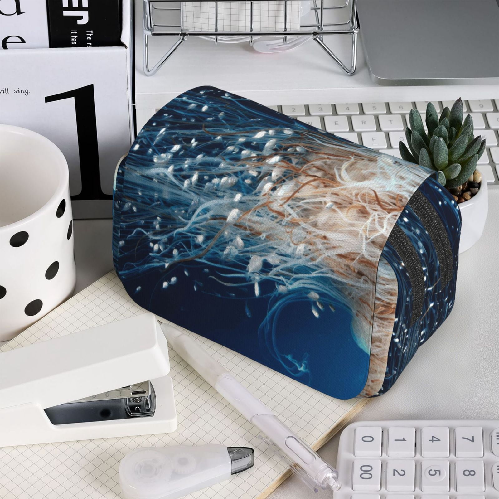 Rateoe White Jellyfish Dansing in the Ocean Pattern Double Clamshell Pen Case, Storage Organizer with Two Zipper Compartments– Holds Up to 50 Pencils & Pens