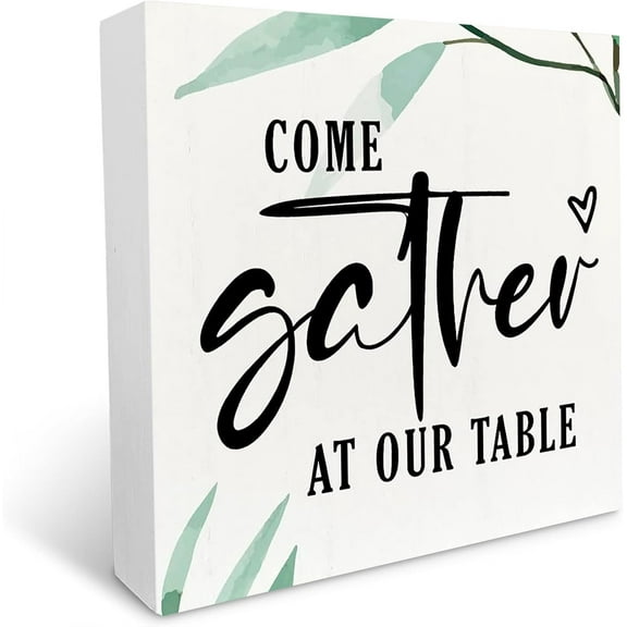 Cskhip Come Gather at Our Table Wood Box Sign, Farmhouse Kitchen Decor for Counter, Rustic Kitchen Decor Wooden Box Sign Block Plaque for Kitchen Shelf Decor Table Top Decor,es 5" x 5"