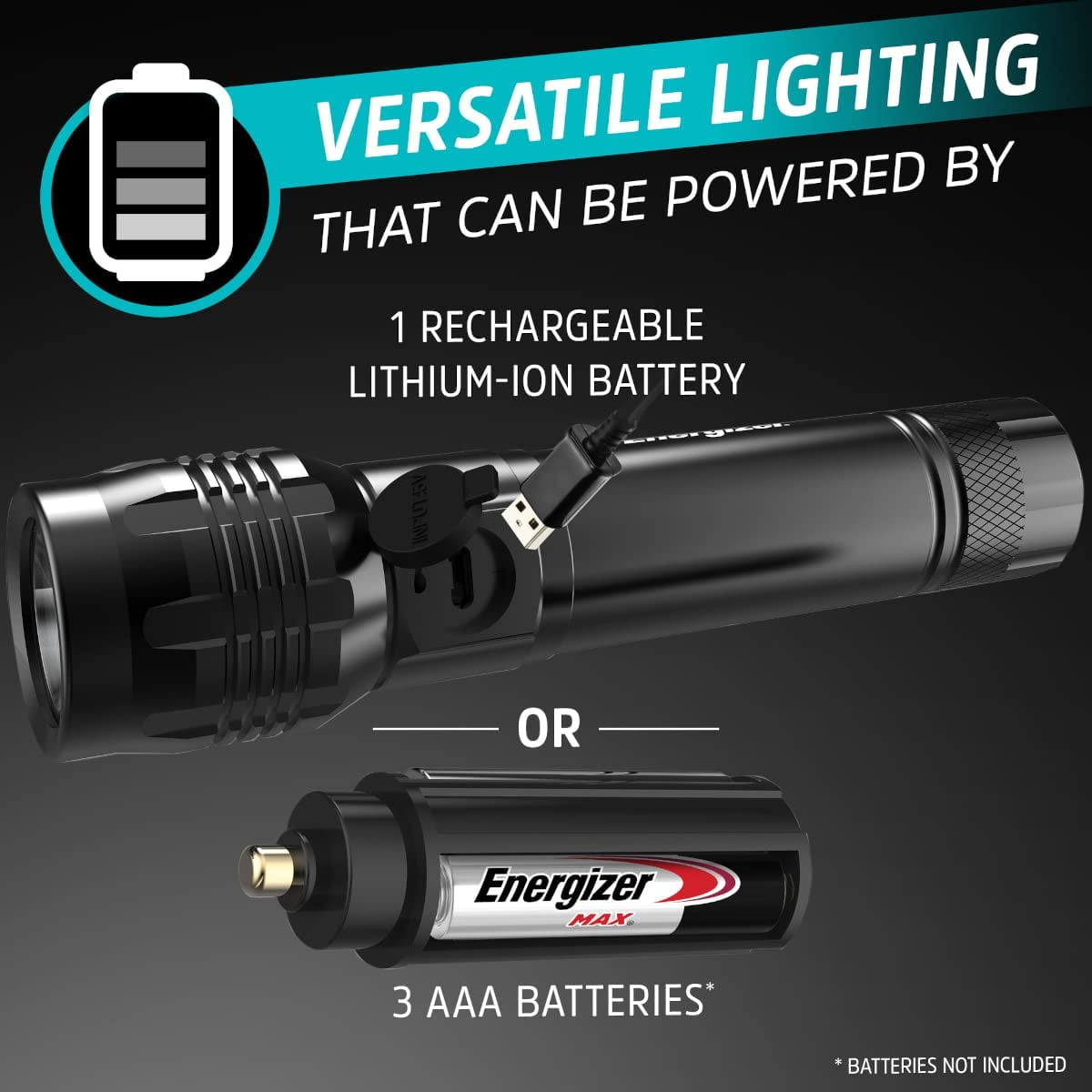 Energizer Rechargeable LED Flashlight X1000, Hybrid Power Capability, Ultra Bright 1000 Lumens, IPX4 Water Resistant, Rugged Aluminum Tactical LED Flash Light (USB Charging Cable Included)