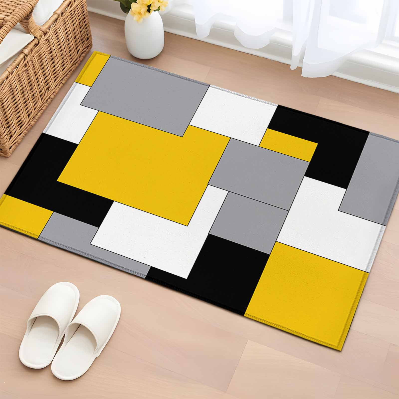 Entrance Runner Rug 2'x3',Yellow Grey Black Geometric Non-slip Doormat for Indoor Outdoor Entrance,Middle Century Art Abstract Throw Floor Mat for Front Door/Living Room/Bedroom/Bathroom/Kitchen