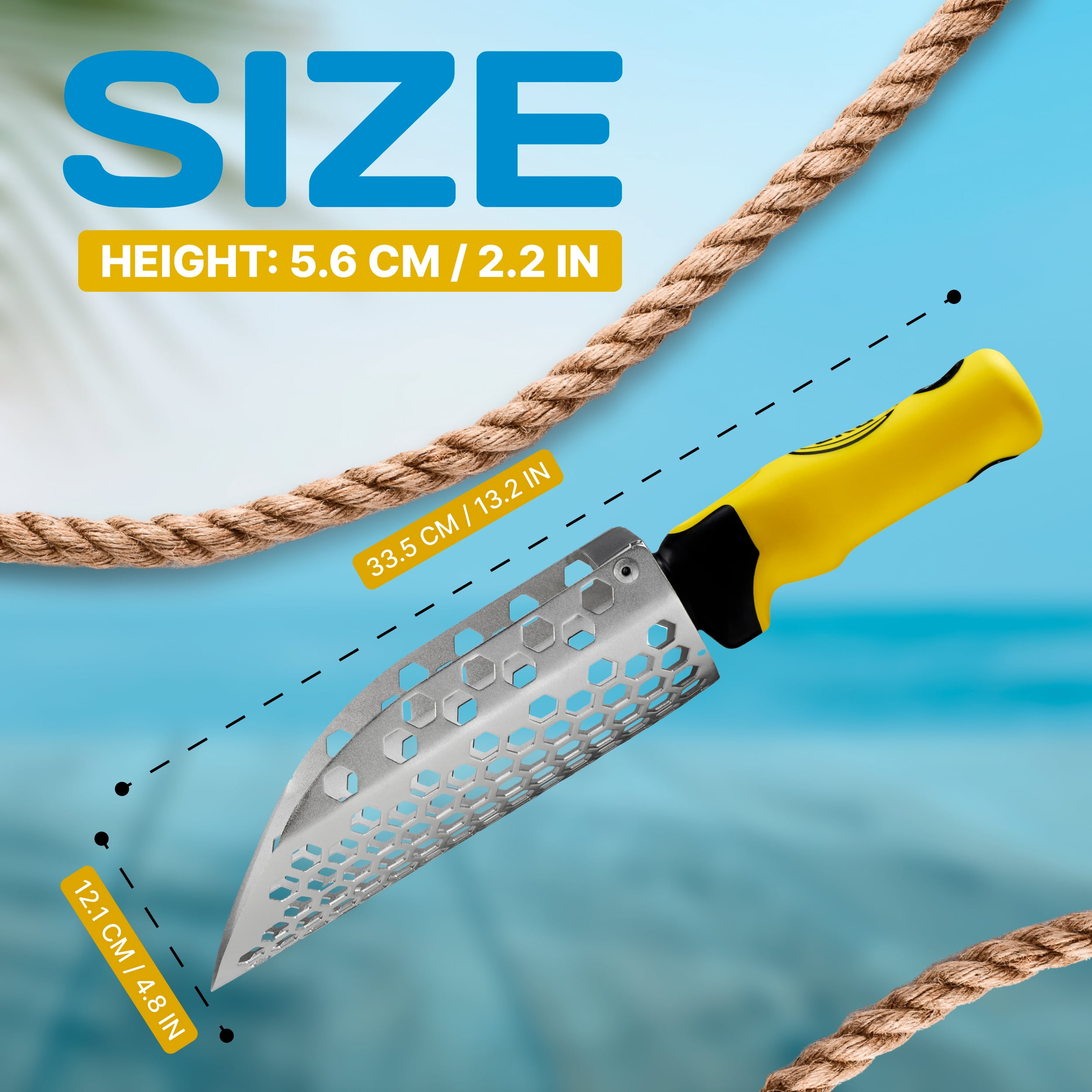 CKG Hand Sand Scoop for Metal Detecting with Ergonomic Yellow Handle, Metal Detecting Shovel for Beach Sand Sifter, Heavy Duty Stainless Steel, Perfect from Metal Detector Accessories